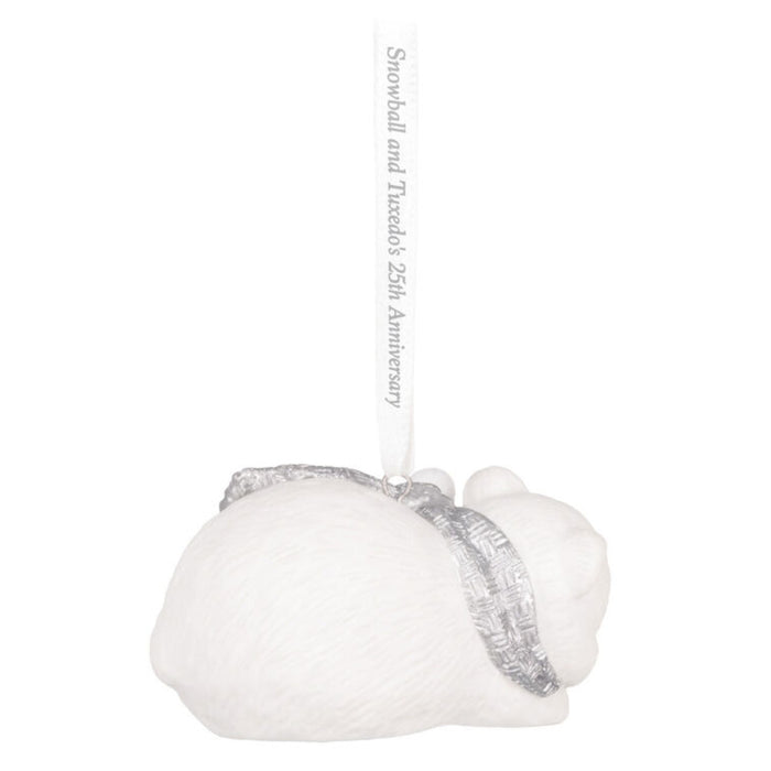  Backside of the Decorative Holiday ornament with a polar bear and penguin snuggling on a white background. 