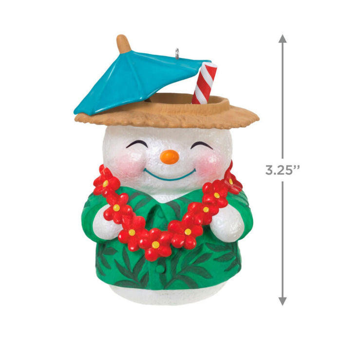 Snowman Beach Drink ornament with a beach hat, umbrella, and lei on a white background with product dimensions