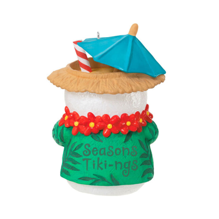  Backside of the Snowman Beach Drink ornament with a beach hat, umbrella, and lei on a white background