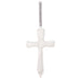 White cross-shaped ornament with  text on a white background