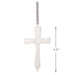 White cross ornament with text on a white background with product dimensions 