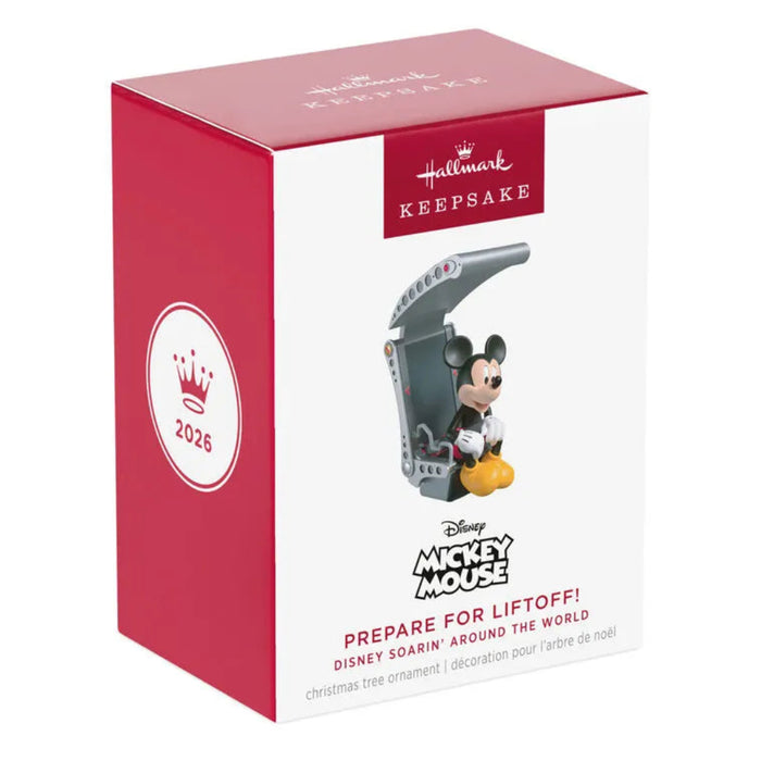 Hallmark 2026 Disney Soarin' Ornament box front featuring Mickey in hang-glider and Prepare for Liftoff text