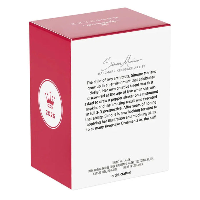 Hallmark 2026 Disney Soarin' Ornament box side with Simone Mariano artist bio and Made in Sri Lanka label