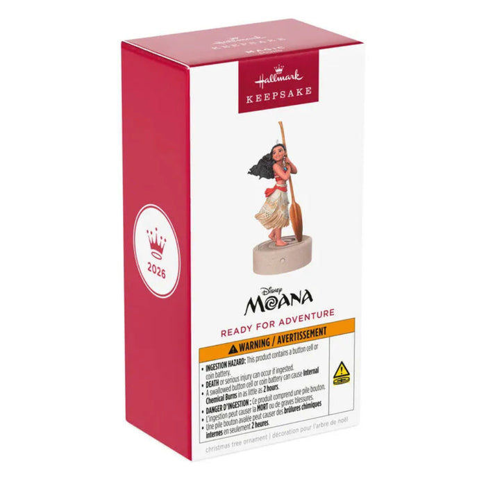 Hallmark 2026 Moana ornament in red and white box with visible button and hanger loop