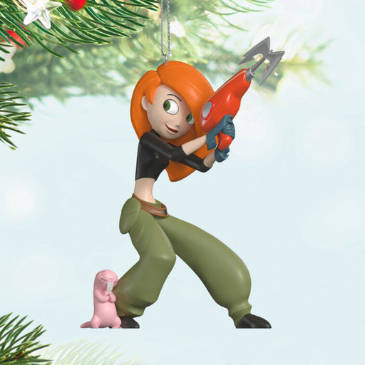 Ornament of Kim and Rufus from Kim Possible holding spy gear, hanging from a tree.