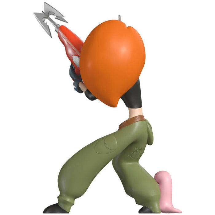 Backside of the Ornament of Kim and Rufus from Kim Possible holding spy gear, on a white background.