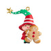 Christmas ornament of a child in a red hat holding a gingerbread man cookie on a white background