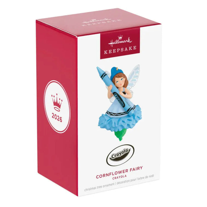 Hallmark 2026 Cornflower Fairy Crayola ornament box front with logo