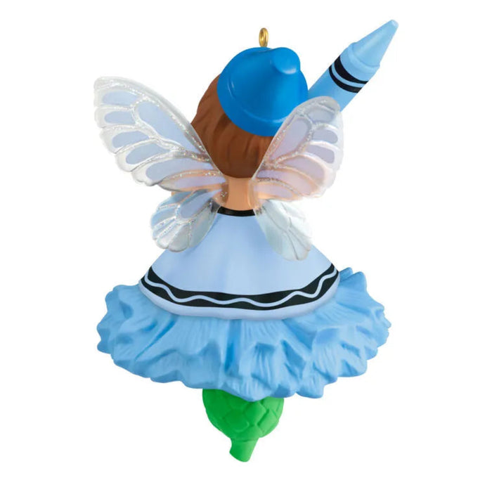 Hallmark 2026 Cornflower Fairy ornament back view with green cornflower base