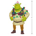 Green animated character  Shrek Ornament with Christmas lights around its body  on a white background with product dimensions. 