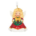 Miniature porcelain angel ornament with red dress, gold trim, and wreath