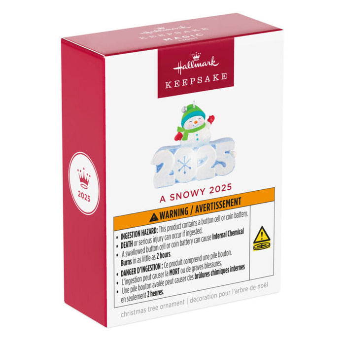 Hallmark Keepsake Christmas ornament packaging with snowman design and warning label.