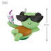 Green mini sea turtle ornament  with sunglasses and a drink, with dimensions on a white background.