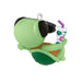 Green mini sea turtle ornament with sunglasses holding a cup with a straw on a white background