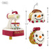 Miniature snowman-themed mixer, toaster and waffle maker ornaments with measurements on a white background