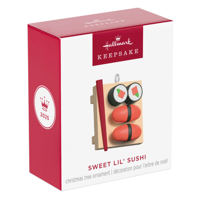 Hallmark Sweet Lil' Sushi Christmas ornament packaging on a white background