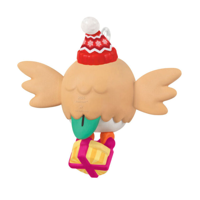 Backside of the Mini Christmas ornament shaped like a Pokémon cartoon owl with a red hat and green bow tie, on a white background. 
