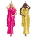 Mini Hallmark Keepsake Barbie  ornaments with two dolls on in a pink dress and one in a yellow dress, on a white background