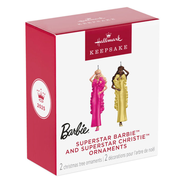Hallmark Keepsake Barbie  mini ornaments packaging with two dolls on a white background