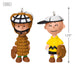 Two Mini ornaments of the Peanuts Gang, Charlie Brown as a baseball player and a Linus as the  catcher  on a white background  with dimensions of the product 