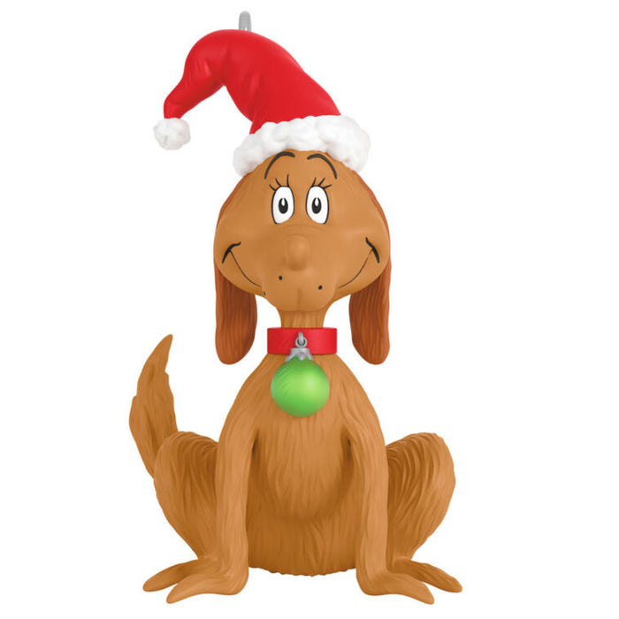Mini ornament of Max the Dog from Grinch with a Santa hat and green ornament in his collar  on a white background