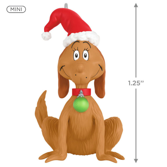 Mini ornament of Max the Dog from Grinch with a Santa hat and green ornament in his collar  on a white background with dimensions of the product on it. 