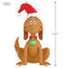 Mini ornament of Max the Dog from Grinch with a Santa hat and green ornament in his collar  on a white background with dimensions of the product on it. 