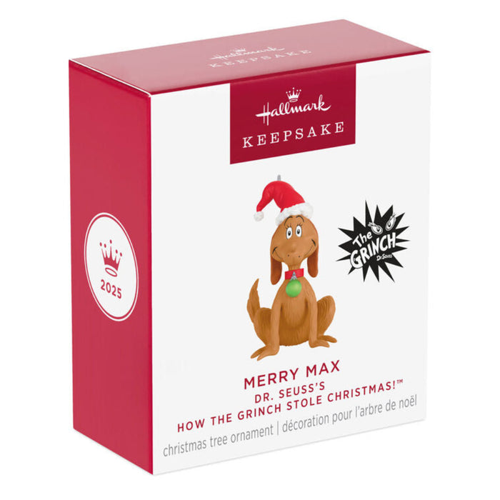 Hallmark Keepsake Christmas  mini ornament packaging featuring Merry Max from 'How the Grinch Stole Christmas'.