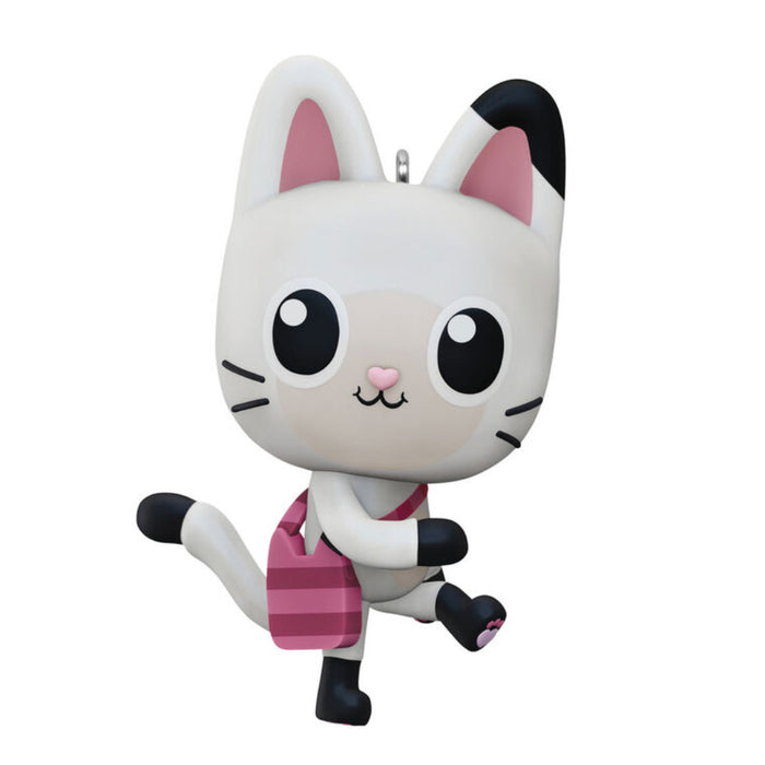 Mini Gabby's Dollhouse Pandy Paws Ornament, pink and black cat with a pink stripped handbag on a white background. 