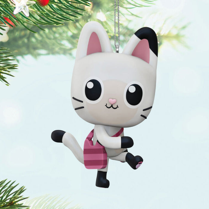 Mini Gabby's Dollhouse Pandy Paws Ornament, pink and black cat with a pink stripped handbag, hanging form a Christmas tree 