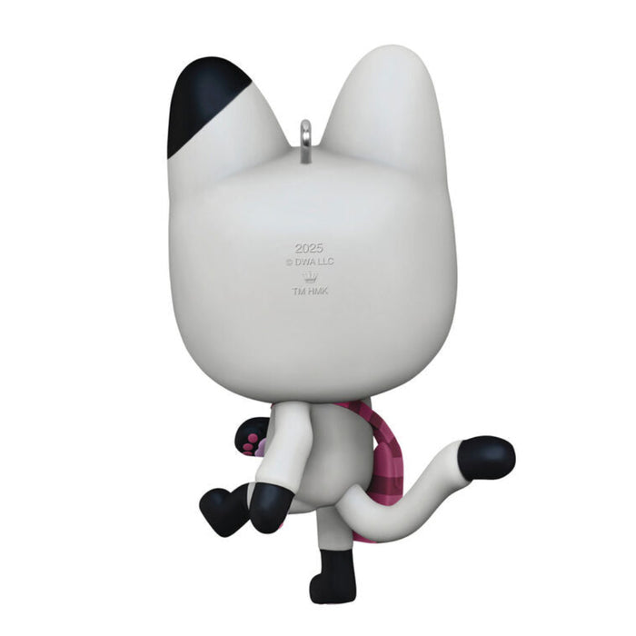 Backside of the Mini Gabby's Dollhouse Pandy Paws Ornament, pink and black cat with a pink stripped handbag on a white background. 