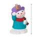Christmas ornament of a snowman with a purple hat and blue sweater, pointing at his buddy chipmunk ,on a white background with product dimensions. 