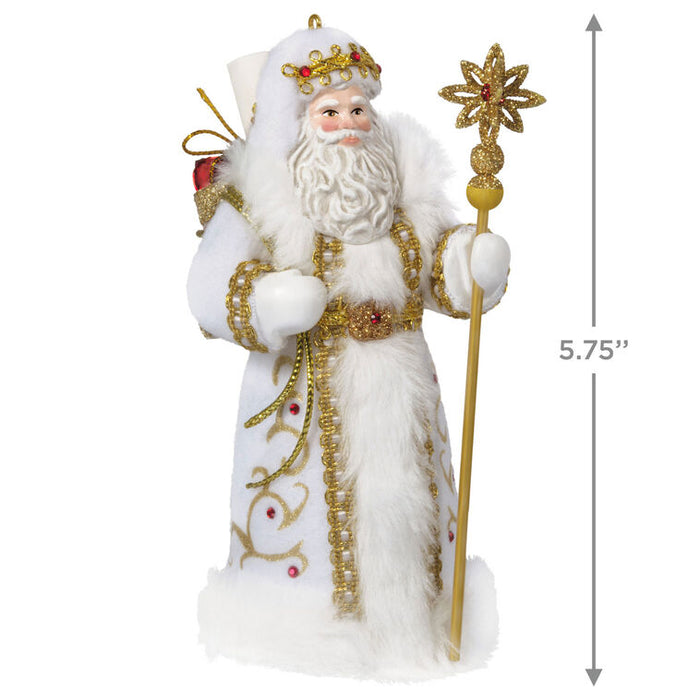 Caucasian Father Christmas ornament  holding a golden staff on white background with product dimensions 