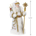 Caucasian Father Christmas ornament  holding a golden staff on white background with product dimensions 