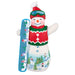 2025 Hallmark snowman ornament with goggles, hat, and sweater vest with a  snow board on white backgroun; part of the Snowtop Lodge series.