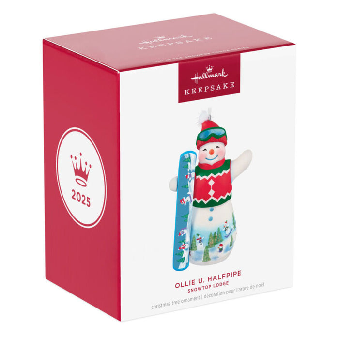 Hallmark Keepsake Christmas ornament packaging with a snowman design on a white background