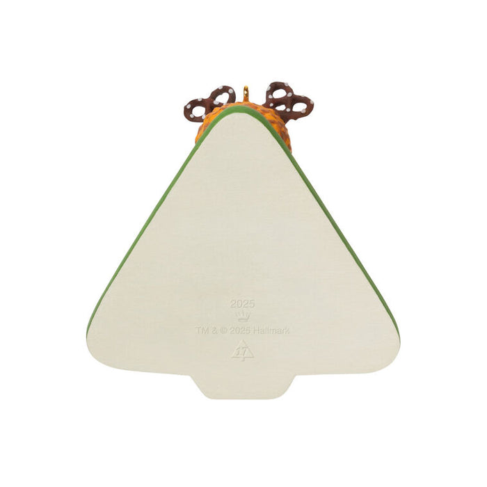 Backside of the Christmas Tree shaped charcuterie board "2025" Ornament on a white background