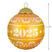 Decorative warm yellow Christmas glass ball ornament with year '2025', on a white background with product dimensions. 
