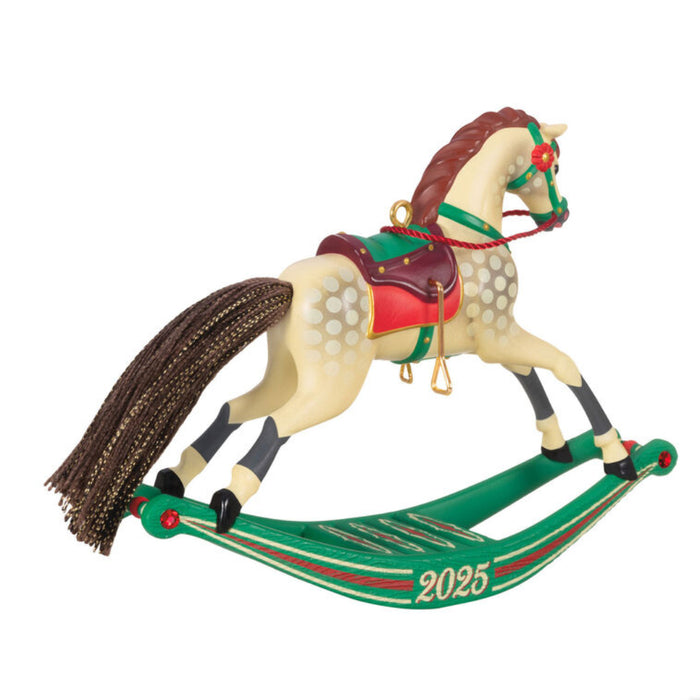 Backside of the Christmas ornament of a  beige rocking horse with '2025'  on white background 