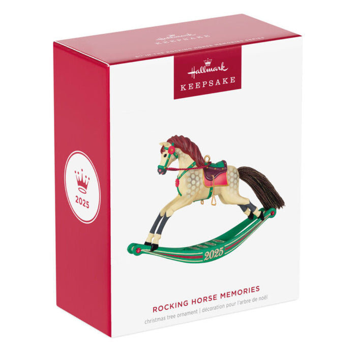 Hallmark Keepsake ornament packaging with rocking horse design and '2025' on a white background