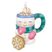 Decorative snowman mug ornament with a cookie on a white background