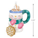 Decorative snowman mug ornament with a scarf and a cookie on a white background with product dimensions 