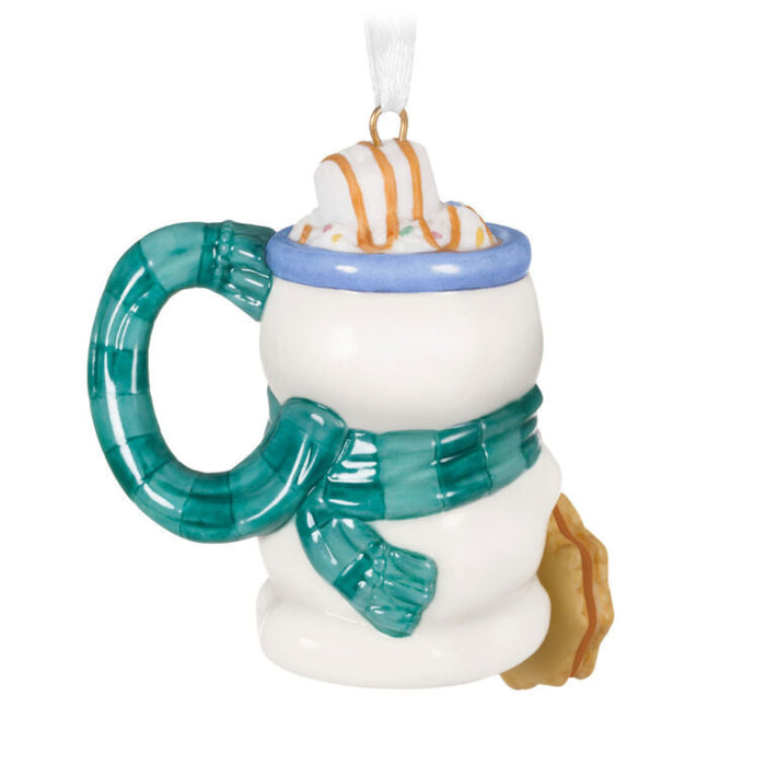  Backside of the Decorative snowman mug ornament with a scarf and a cookie on a white background