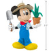 Mickey Mouse  in a gardener outfit holding a potted plant and a shovel Ornament on a white background with product dimensions 