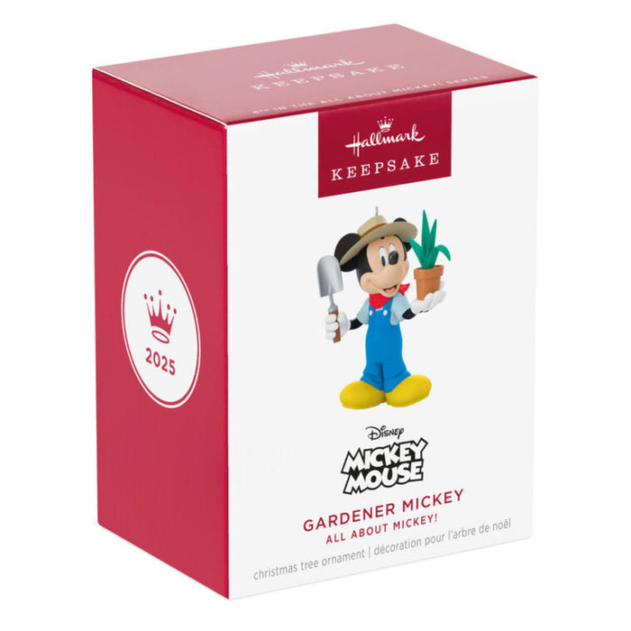 Hallmark Keepsake Mickey Mouse Gardener Mickey ornament packaging on a white background