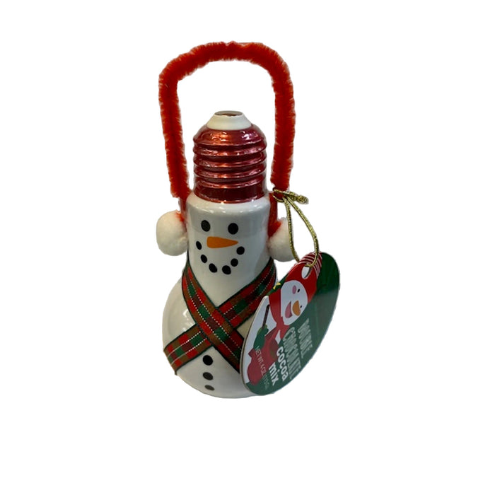 Snowman-shaped light bulb Hot chocolate with red accents and red and green striped scarf on a white background