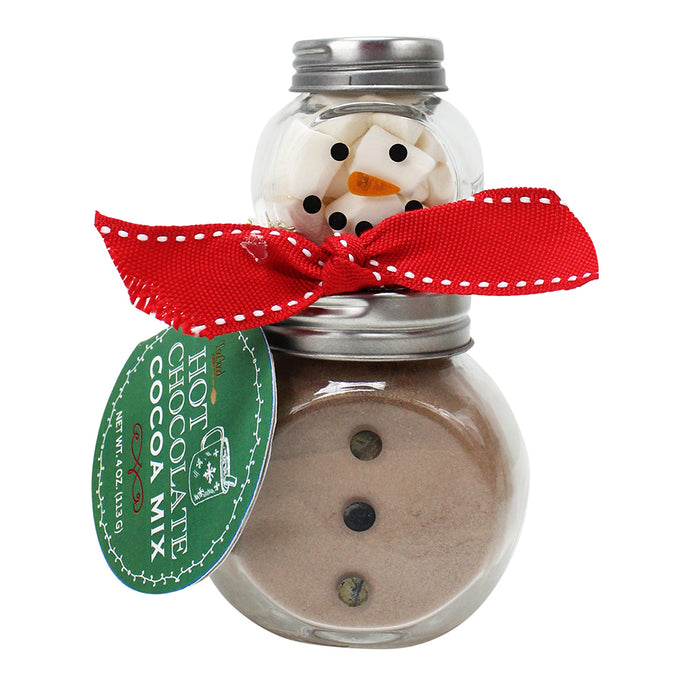 Hot chocolate mix in a snowman-shaped jar with a red ribbon on a white background