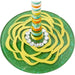 Green and yellow swirled wine glass base with a striped stem on a white background