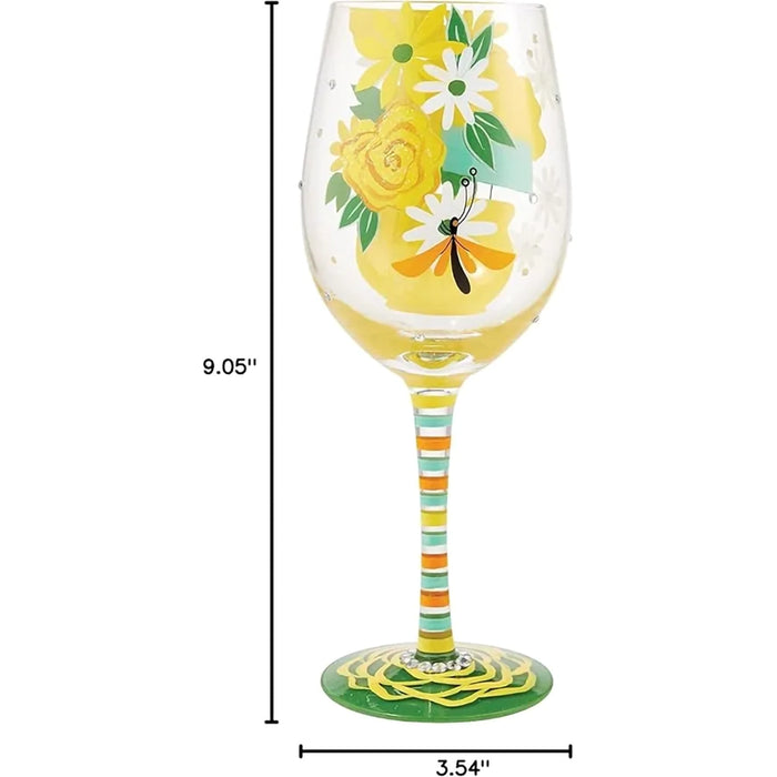 Decorative wine glass with floral design  with test "best friend" and product measurements on a white background 