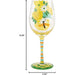 Decorative wine glass with floral design  with test "best friend" and product measurements on a white background 